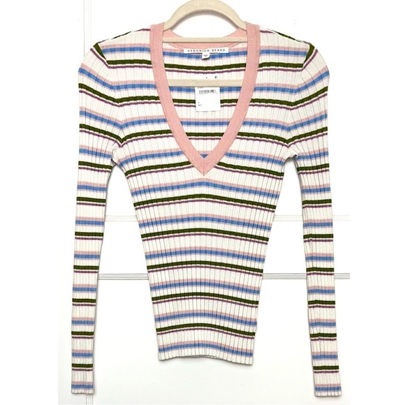 NWT VERONICA BEARD Metallic Striped Rib Knit V-Neck Long Sleeve Slim Sweater M - Picture 2 of 7